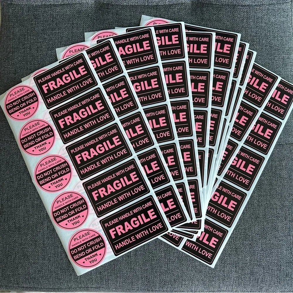 Count of 100 - Fun, Neon Pink + Black Rectangular + Circular FRAGILE Stickers